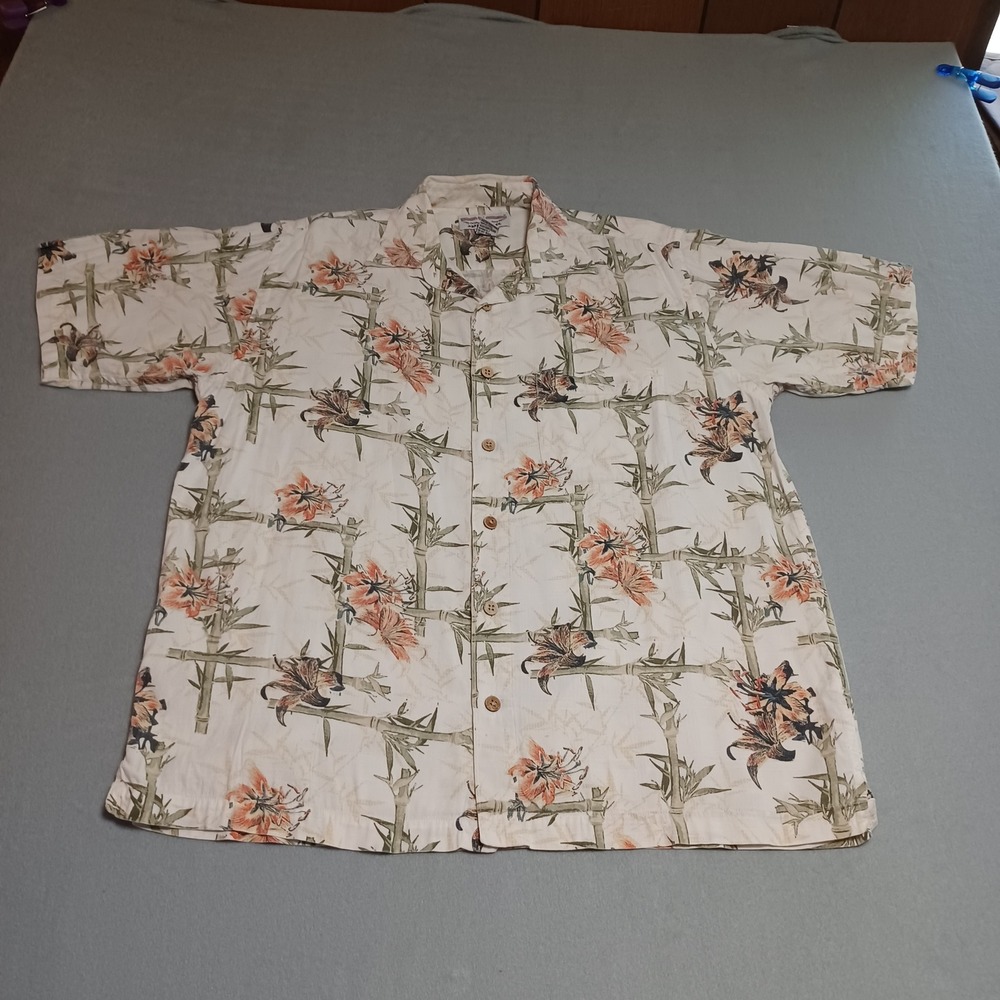 Boca Classics Mens Medium Tropical Bamboo Lily Print Cotton Rayon Camp Shirt